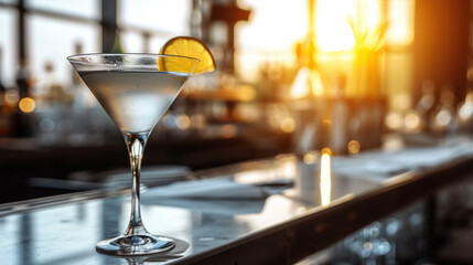 Martini cocktail with lemon on bar counter, evening light