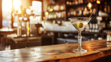 Martini cocktail on bar counter, sunset light