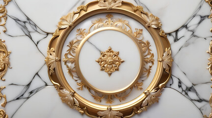 frame circular design has an ornate floral pattern in the center surrounded by a gold frame. The background consists of a white marble pattern with gold trim.