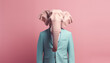 Elephant head with men's business suit on pink background