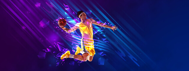 Wall Mural - Banner. Powerful slam dunk. Young basketball player hit goal against gradient background with polygonal and fluid elements. Concept of professional sport, competition, championship tournaments. Ad