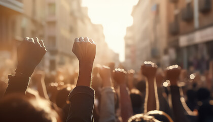 Sticker - Hands clenched into fists raised up in crowd protest