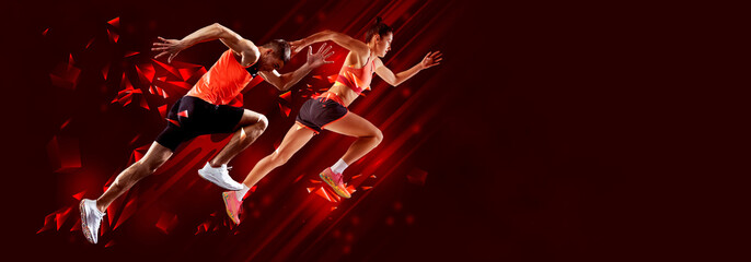 Wall Mural - Flyer. Man and woman, professional joggers fast running in motion against dark background with polygonal and fluid neon elements. Concept of professional sport, competition, championship, power. Ad