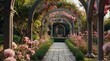 Beautiful arches with pink flowers with walkway in ornamental plants garden from Generative AI