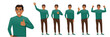 Young business man wearing casual green sweater in different poses set. Various gestures in full length - greeting, showing ok sign, thumbs up, celebrating isolated vector illustration
