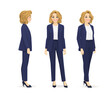 Elegant beautiful business woman in different side view from the front, from the side and half turn set. Isolated vector illustration