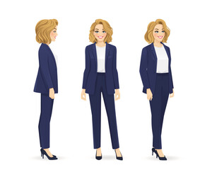 elegant beautiful business woman in different side view from the front, from the side and half turn 