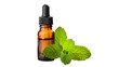 © john - Peppermint essential oil in amber dropper bottle with fresh mint leaf isolated on white background