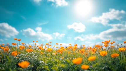 Wall Mural - beautiful natural background with orange flower field and blue sky large copyspace area with copy sp