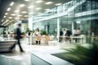 © FoxTok - Blurred business background. Walking businessmen in a modern glass office center, shopping mall, bank. Movement effect, stylish interior with green plants
