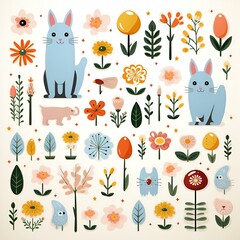 Canvas Print - several cats are in a cartoony garden of flowers and plants