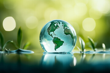 A transparent glass globe with the continents in green, representing Earth, rests on a reflective surface surrounded by water droplets.