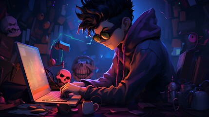 Hacker boy working in the dark studio 