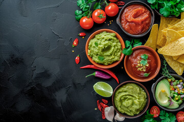 Wall Mural - traditional mexican sauce food,guacamole,tomato sauce and cheese sauce on black stone. Top view. Copy space