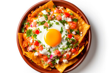 Traditional mexican chilaquiles isolated on white background. Mexican breakfast