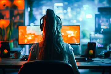 Back view of a woman at a desk with dual monitors, neon city lights glowing, in a modern, tech-savvy workspace.