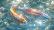 Two goldfish swimming in a clear tank. The water has bubbles in it, creating a sparkling effect. The fish are orange and white.