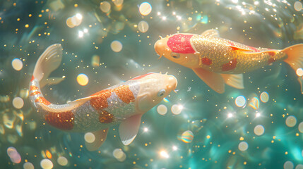 Sticker - Two goldfish swimming in a clear tank. The water has bubbles in it, creating a sparkling effect. The fish are orange and white.