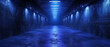 A long tunnel with blue lights along the walls and a dark background.. Empty underground background with blue lighting.