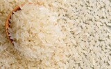 Fototapeta  - Dry Uncooked White Rice Background - Top View, Flat Lay. Scattered Raw Long Grain Rice