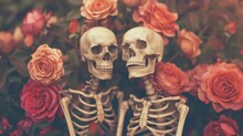 Human Skeletons In Love With Roses Background