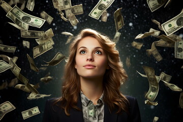 dollar banknotes flying around woman portrait