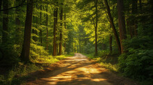 Serene Summer Forest Road, The Ground Drenched In Sunlight, Surrounded By Tall Trees With Lush Green Foliage The Light Creates A Warm, Golden Hue On The Path