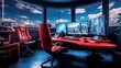 In a modern office, there is a high-tech computer and a comfortable swivel chair, infrared photography, 