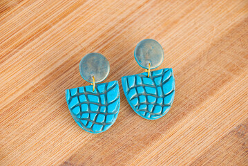 Wall Mural - Handmade earrings of polymer clay in blue and gold.