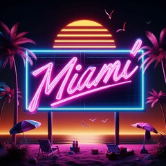 Vibrant Beyond Sunset: Miami City's Neon Glow Embraces Beach, Palm Trees & Urban Charm
