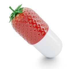 Poster - Realistic strawberry shaped as half vitamin capsule isolated on white background. 3D render. Nutritional supplement conceptual image.