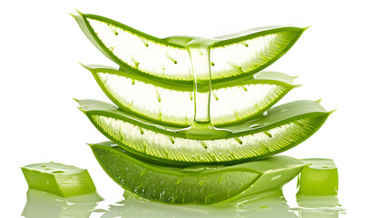 Poster - Stack of Aloe vera sliced with gel dripping isolated on white background 