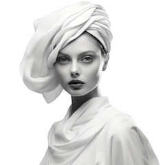 Canvas Print - black and white photo of a white woman wearing a turban on a transparent background png isolated