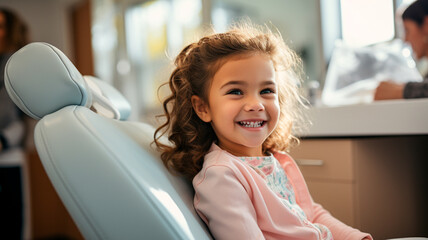 Wall Mural - una imagen de una niña alegre en una clínica dental infantil, que muestra la importancia de mantener unos dientes sanos y promover una sonrisa bonita.