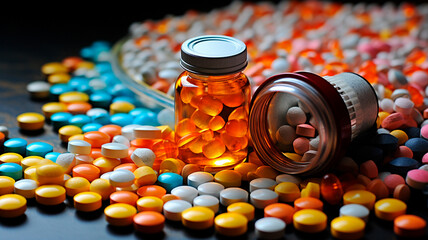 una imagen que representa un conjunto de medicamentos de venta con receta, incluidos estupefacientes, dispuestos junto a una jeringuilla.