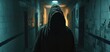 Hooded figure stalking in dark hall, appearing menacing and lost, Generative AI