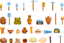 Excavation Tools Icons Set Cartoon Vector. Ancient Artifacts. Treasures Inventory