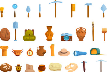 Excavation tools icons set cartoon vector. Ancient artifacts. Treasures inventory