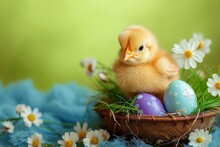 A Fluffy Baby Chick Sits Among Colorful Eggs And Vibrant Flowers In A Charming Basket, Surrounded By The Lush Green Grass And Curious Ducks In The Serene Outdoor Setting