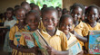 a group of poor children holds books and smile in school