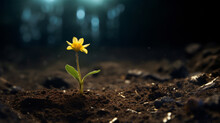 Tiny Yellow Flower Growing Through The Dirt, In The Style Of Luminous Landscapes
