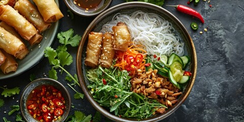 Top view of Asian food: Cold rice vermicelli with sauce, paired with fried spring rolls in a bowl, Generative AI