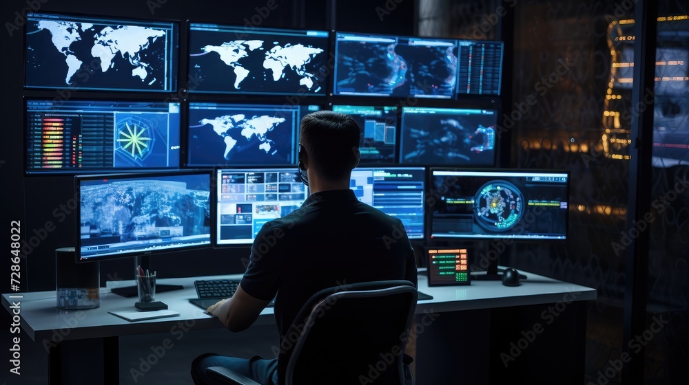 A cybersecurity professional working on multiple monitors displaying ...
