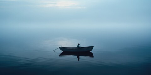 Wall Mural - A solitary rowboat on a calm lake, with ripples emanating from its path. In the boat, 