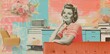 © aledesun - classic retro illustration,american housewife close up portrait  smiling  indoor at home, 40s, 50s era, surreal collage type of postcard, pastel colors
