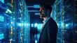 Cybersecurity businessman projecting data servers, in the style of light indigo and light azure,