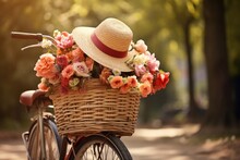 Colorful Background Bicycle With Basket Of Flowers
