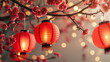 Red Chinese lanterns hang elegantly amongst the delicate blooms of plum branches, symbolizing prosperity and festive joy.
