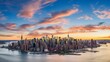 Aerial panorama of New York City skyline at sunset with both midtown and downtown Manhattan 