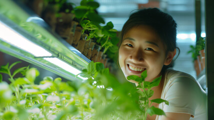 a happy young Asian woman in the hydroponic indoor garden